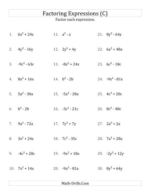 The Factoring Non-Quadratic Expressions with All Squares, Simple Coefficients, and Negative and Positive Multipliers (C) Math Worksheet