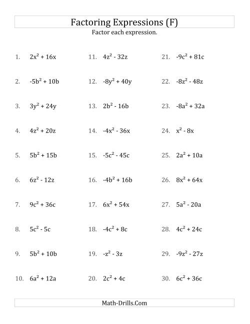 The Factoring Non-Quadratic Expressions with All Squares, Simple Coefficients, and Negative and Positive Multipliers (F) Math Worksheet
