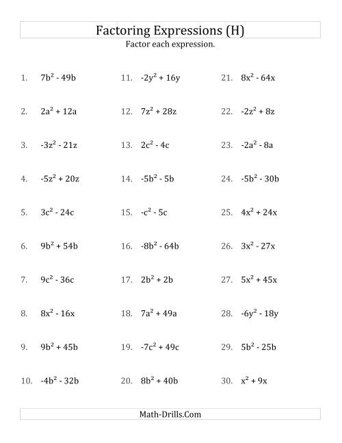 The Factoring Non-Quadratic Expressions with All Squares, Simple Coefficients, and Negative and Positive Multipliers (H) Math Worksheet
