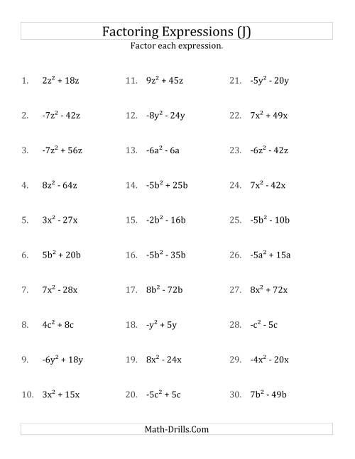 The Factoring Non-Quadratic Expressions with All Squares, Simple Coefficients, and Negative and Positive Multipliers (J) Math Worksheet