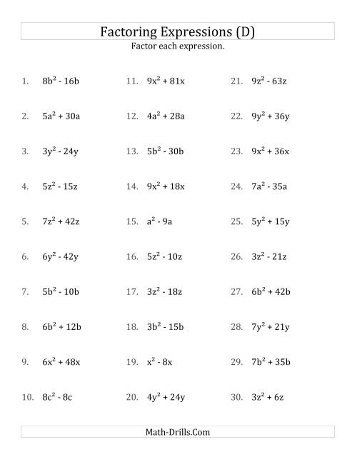 The Factoring Non-Quadratic Expressions with All Squares, Simple Coefficients, and Positive Multipliers (D) Math Worksheet