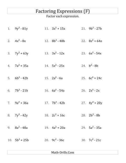 The Factoring Non-Quadratic Expressions with All Squares, Simple Coefficients, and Positive Multipliers (F) Math Worksheet