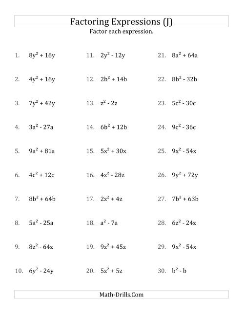 The Factoring Non-Quadratic Expressions with All Squares, Simple Coefficients, and Positive Multipliers (J) Math Worksheet