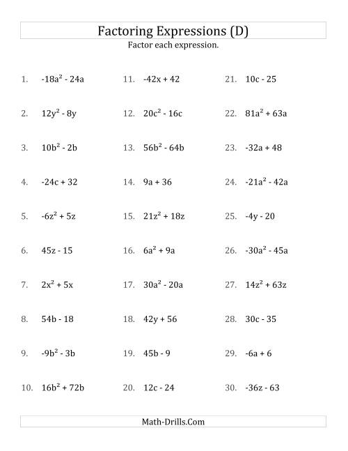 The Factoring Non-Quadratic Expressions with Some Squares, Compound Coefficients, and Negative and Positive Multipliers (D) Math Worksheet