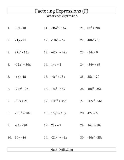 The Factoring Non-Quadratic Expressions with Some Squares, Compound Coefficients, and Negative and Positive Multipliers (F) Math Worksheet