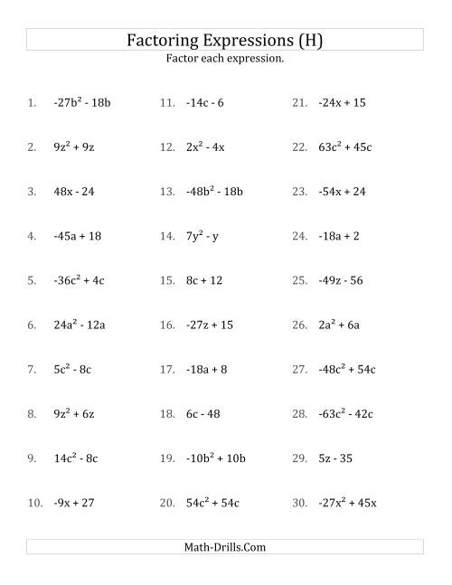 The Factoring Non-Quadratic Expressions with Some Squares, Compound Coefficients, and Negative and Positive Multipliers (H) Math Worksheet