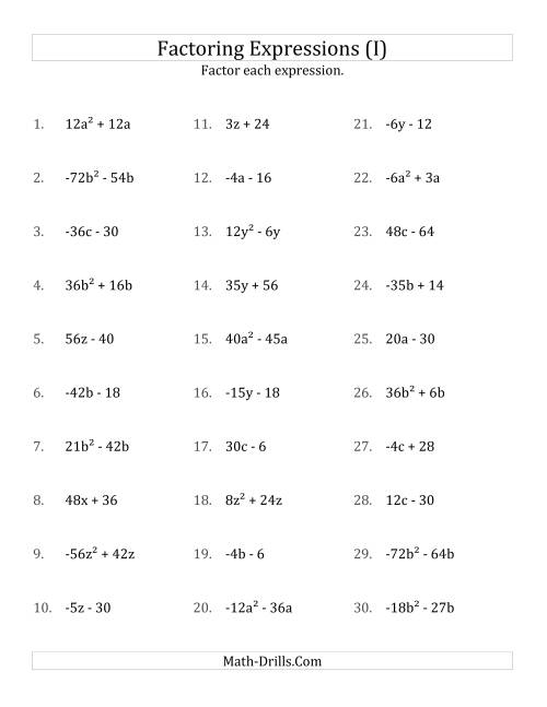 The Factoring Non-Quadratic Expressions with Some Squares, Compound Coefficients, and Negative and Positive Multipliers (I) Math Worksheet