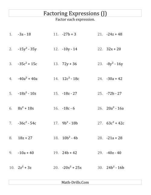 The Factoring Non-Quadratic Expressions with Some Squares, Compound Coefficients, and Negative and Positive Multipliers (J) Math Worksheet