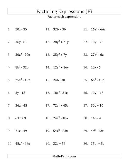 The Factoring Non-Quadratic Expressions with Some Squares, Compound Coefficients, and Positive Multipliers (F) Math Worksheet