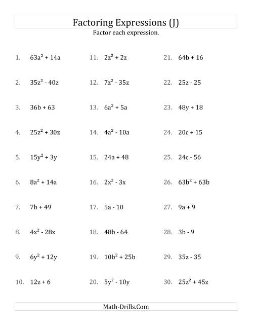 The Factoring Non-Quadratic Expressions with Some Squares, Compound Coefficients, and Positive Multipliers (J) Math Worksheet