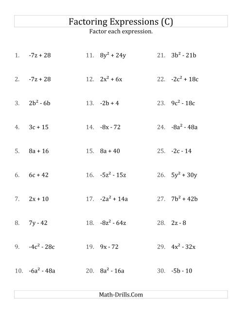 The Factoring Non-Quadratic Expressions with Some Squares, Simple Coefficients, and Negative and Positive Multipliers (C) Math Worksheet