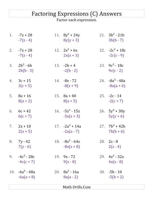The Factoring Non-Quadratic Expressions with Some Squares, Simple Coefficients, and Negative and Positive Multipliers (C) Math Worksheet Page 2