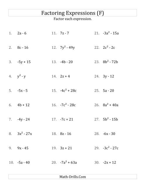 The Factoring Non-Quadratic Expressions with Some Squares, Simple Coefficients, and Negative and Positive Multipliers (F) Math Worksheet