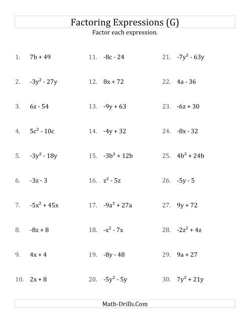 The Factoring Non-Quadratic Expressions with Some Squares, Simple Coefficients, and Negative and Positive Multipliers (G) Math Worksheet