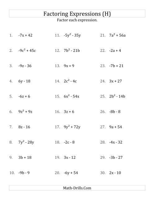 The Factoring Non-Quadratic Expressions with Some Squares, Simple Coefficients, and Negative and Positive Multipliers (H) Math Worksheet