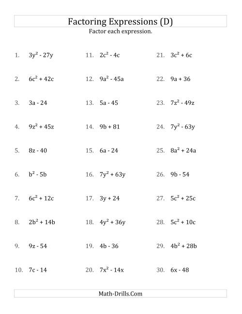 The Factoring Non-Quadratic Expressions with Some Squares, Simple Coefficients, and Positive Multipliers (D) Math Worksheet