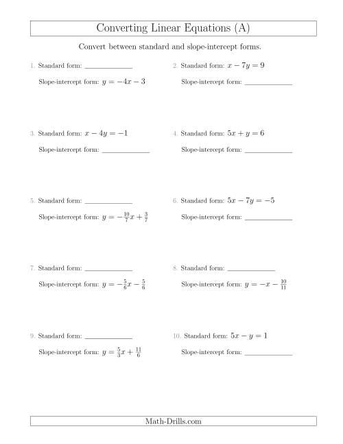 The Converting Between Standard and Slope-Intercept Forms (A) Math Worksheet
