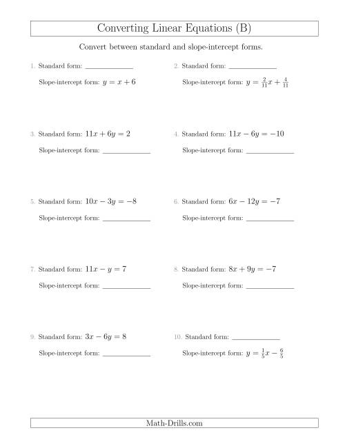 The Converting Between Standard and Slope-Intercept Forms (B) Math Worksheet