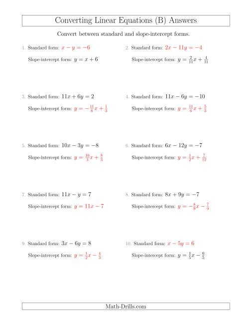 The Converting Between Standard and Slope-Intercept Forms (B) Math Worksheet Page 2