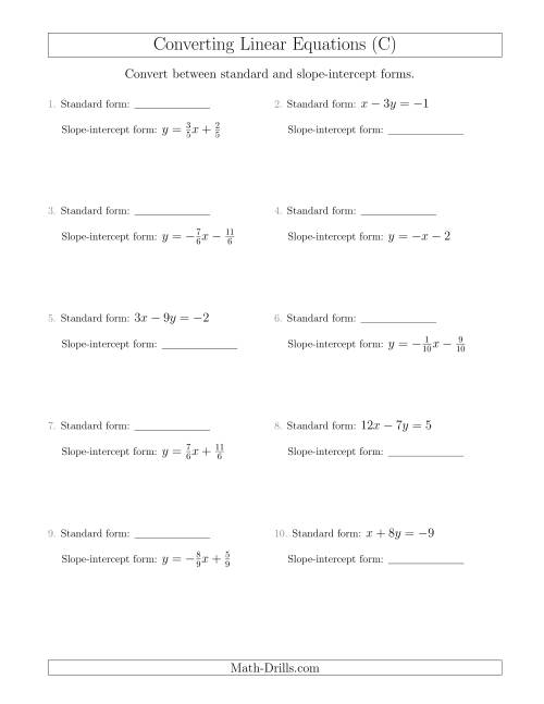 The Converting Between Standard and Slope-Intercept Forms (C) Math Worksheet