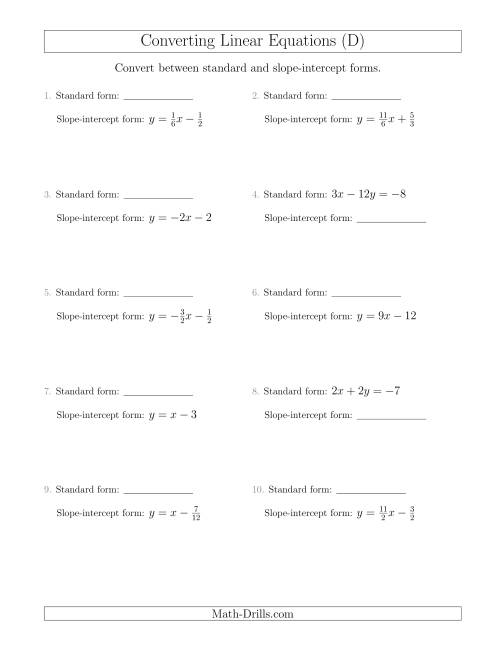 The Converting Between Standard and Slope-Intercept Forms (D) Math Worksheet