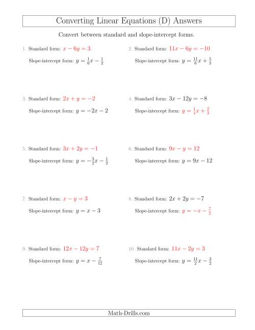 The Converting Between Standard and Slope-Intercept Forms (D) Math Worksheet Page 2