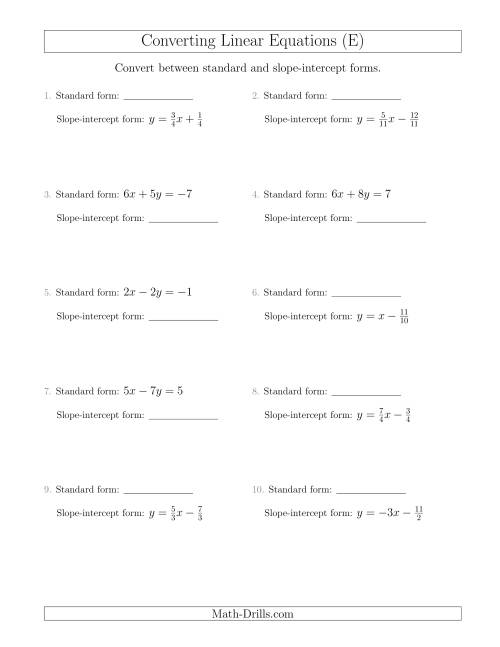 The Converting Between Standard and Slope-Intercept Forms (E) Math Worksheet