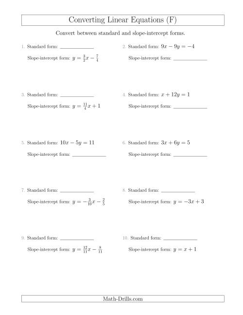The Converting Between Standard and Slope-Intercept Forms (F) Math Worksheet