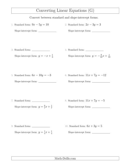 The Converting Between Standard and Slope-Intercept Forms (G) Math Worksheet