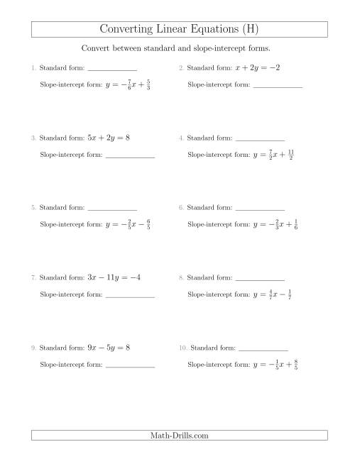 The Converting Between Standard and Slope-Intercept Forms (H) Math Worksheet