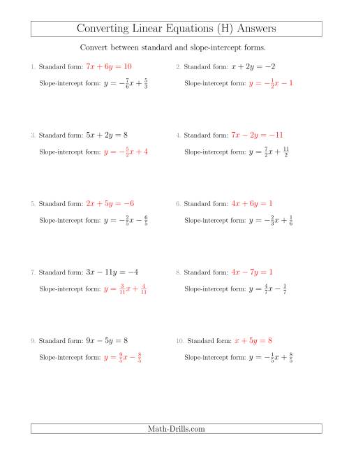 The Converting Between Standard and Slope-Intercept Forms (H) Math Worksheet Page 2