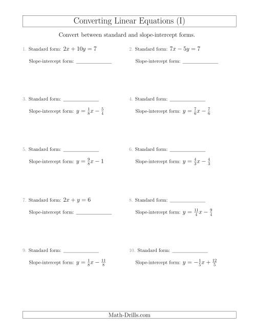 The Converting Between Standard and Slope-Intercept Forms (I) Math Worksheet