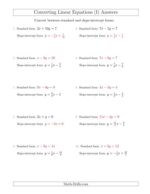 The Converting Between Standard and Slope-Intercept Forms (I) Math Worksheet Page 2