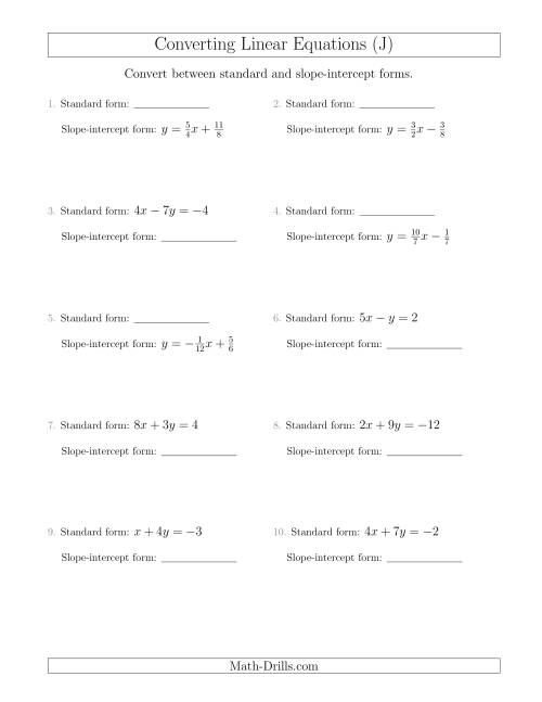 The Converting Between Standard and Slope-Intercept Forms (J) Math Worksheet