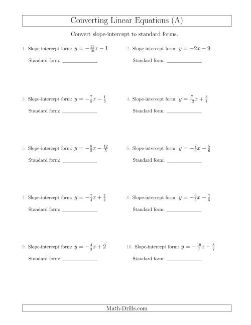 The Converting from Slope-Intercept to Standard Form (A) Math Worksheet