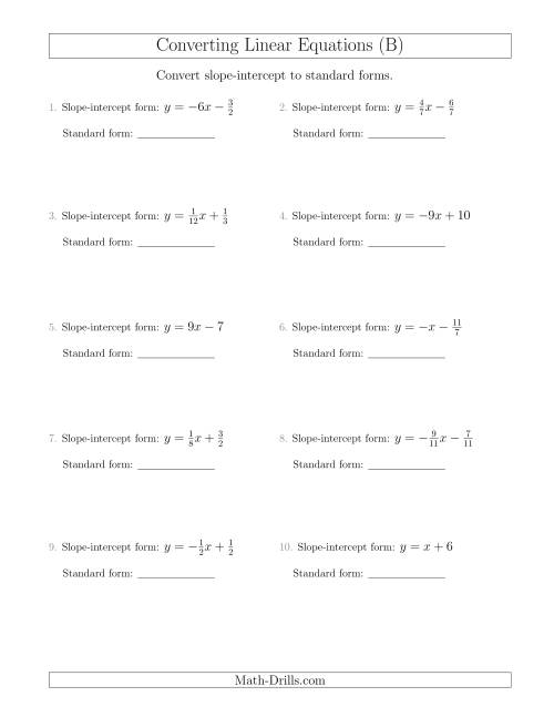 The Converting from Slope-Intercept to Standard Form (B) Math Worksheet