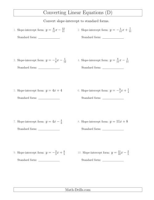 The Converting from Slope-Intercept to Standard Form (D) Math Worksheet