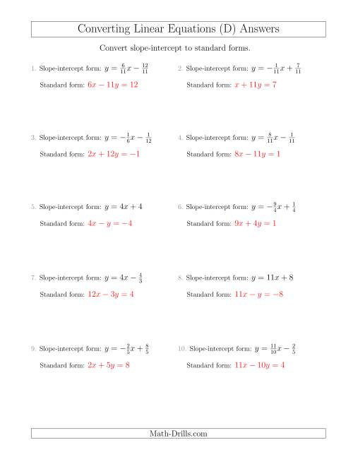 The Converting from Slope-Intercept to Standard Form (D) Math Worksheet Page 2