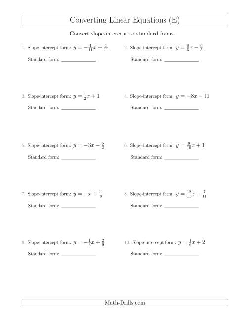 The Converting from Slope-Intercept to Standard Form (E) Math Worksheet