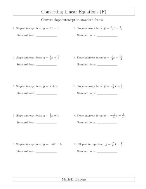 The Converting from Slope-Intercept to Standard Form (F) Math Worksheet