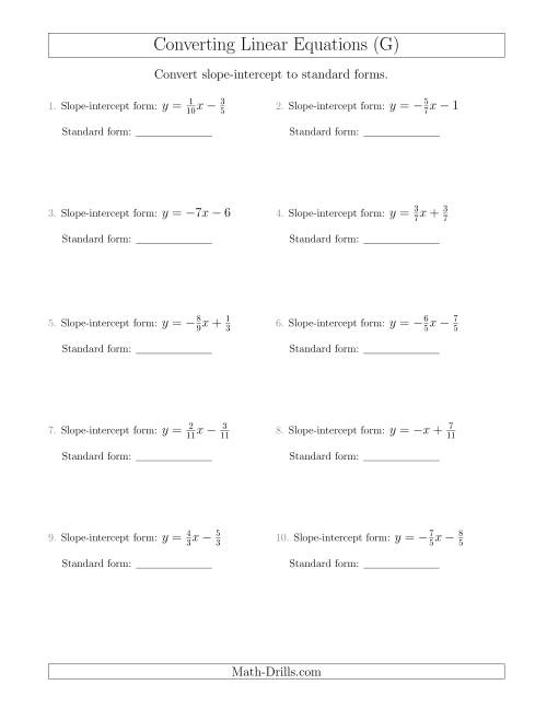 The Converting from Slope-Intercept to Standard Form (G) Math Worksheet