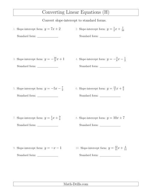 The Converting from Slope-Intercept to Standard Form (H) Math Worksheet