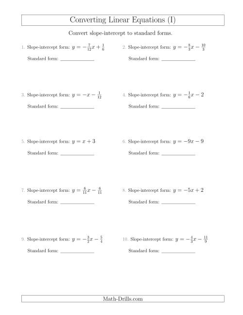 The Converting from Slope-Intercept to Standard Form (I) Math Worksheet
