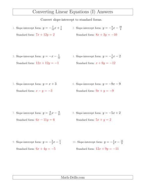 The Converting from Slope-Intercept to Standard Form (I) Math Worksheet Page 2