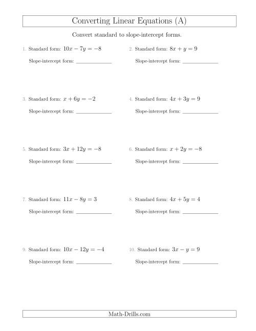 The Converting from Standard to Slope-Intercept Form (A) Math Worksheet