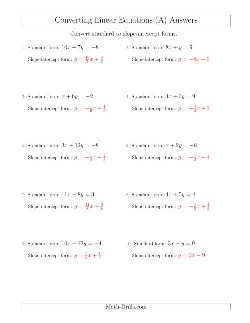 The Converting from Standard to Slope-Intercept Form (A) Math Worksheet Page 2