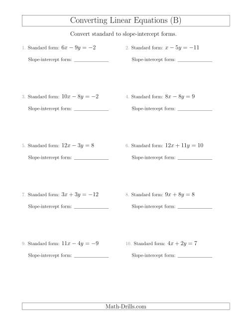 The Converting from Standard to Slope-Intercept Form (B) Math Worksheet