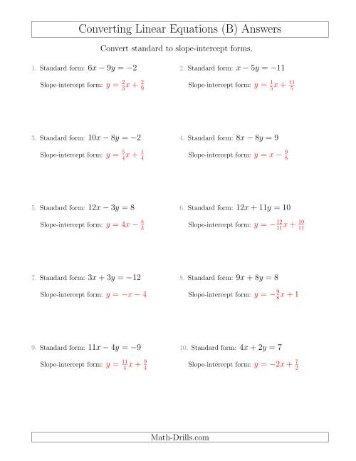 The Converting from Standard to Slope-Intercept Form (B) Math Worksheet Page 2