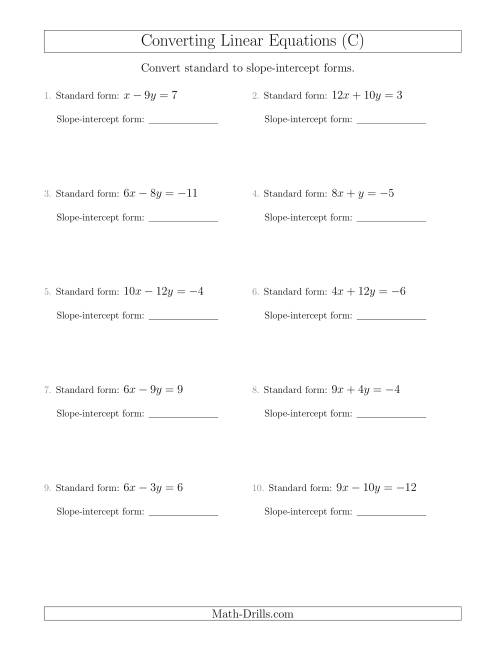 The Converting from Standard to Slope-Intercept Form (C) Math Worksheet