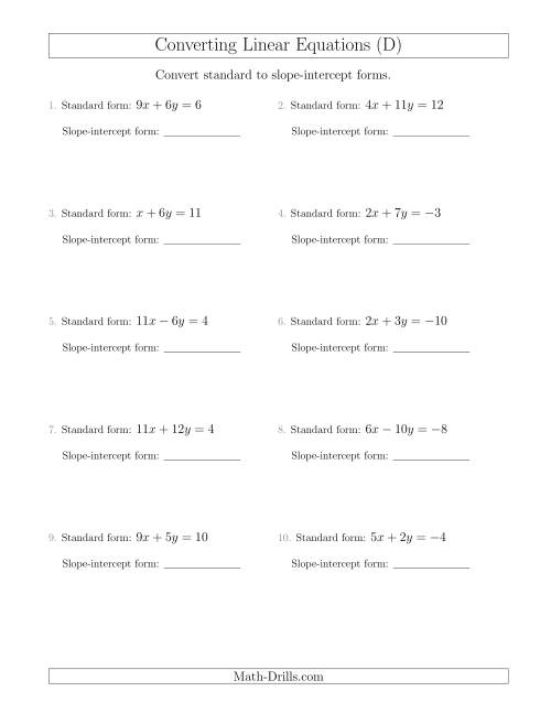 The Converting from Standard to Slope-Intercept Form (D) Math Worksheet